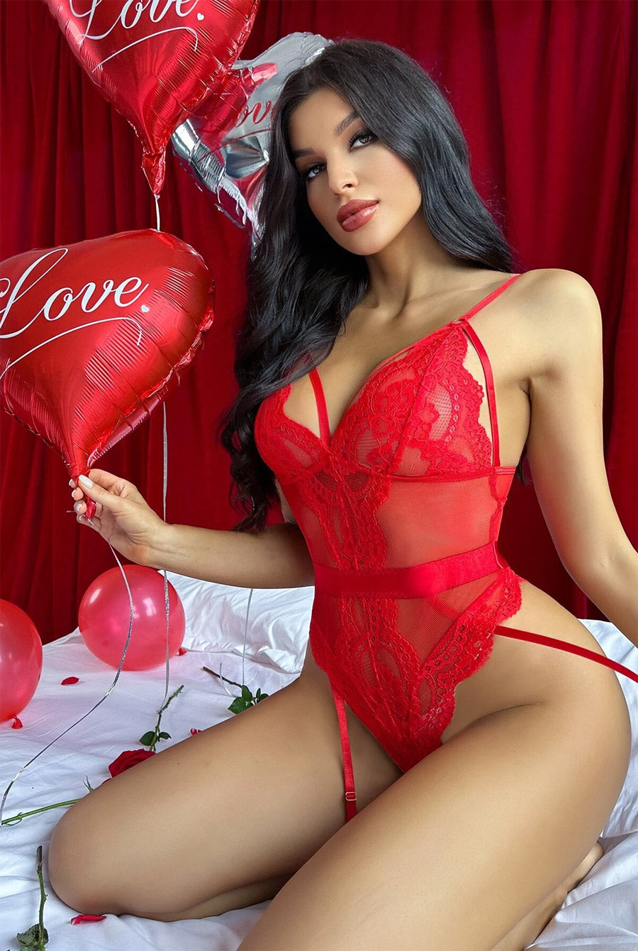 Romantic Red Sheer and Lace Strappy Teddy-Teddy-PureDiva