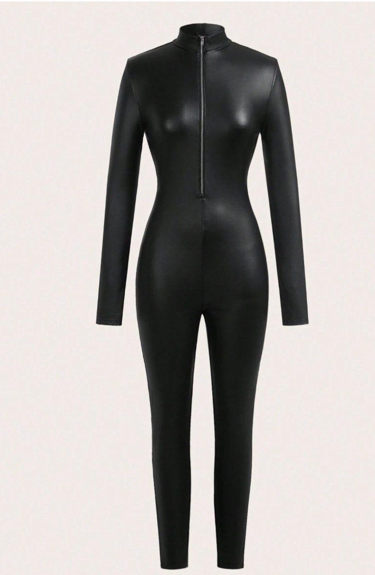 Black Wet Look Zipper Front Catsuit - PureDiva