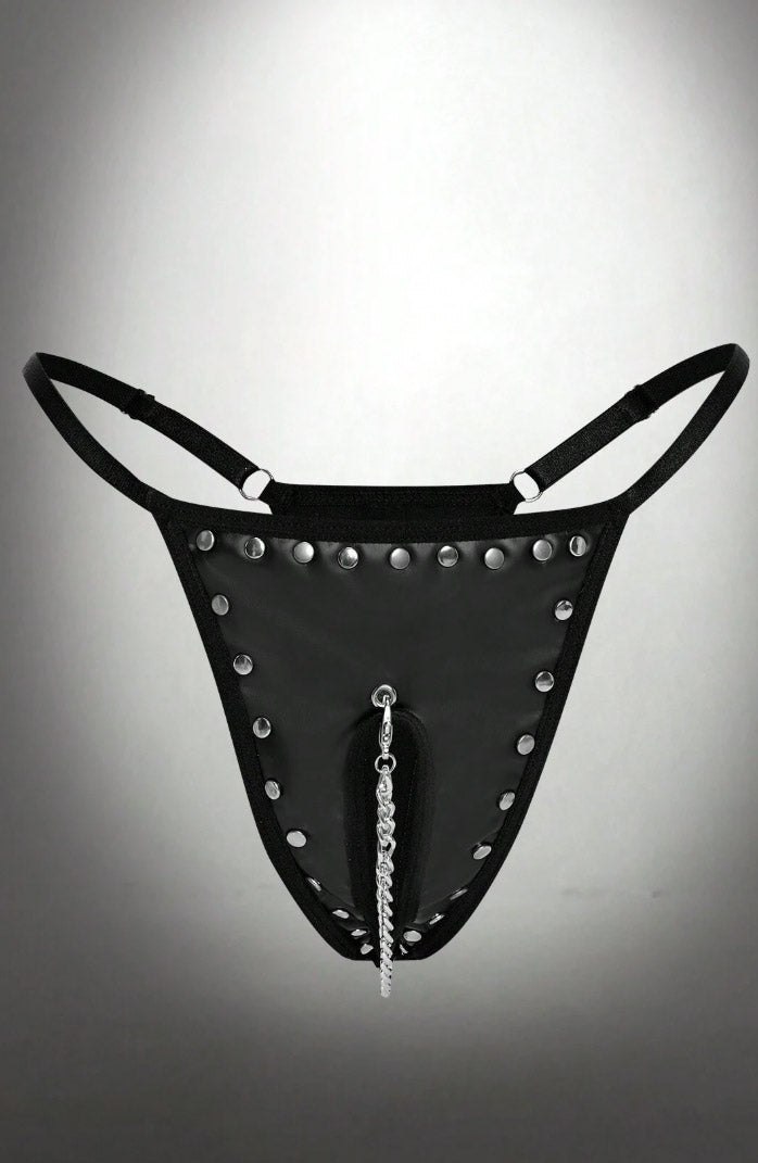 PU Crotchless Metal Chain Thong - PureDiva