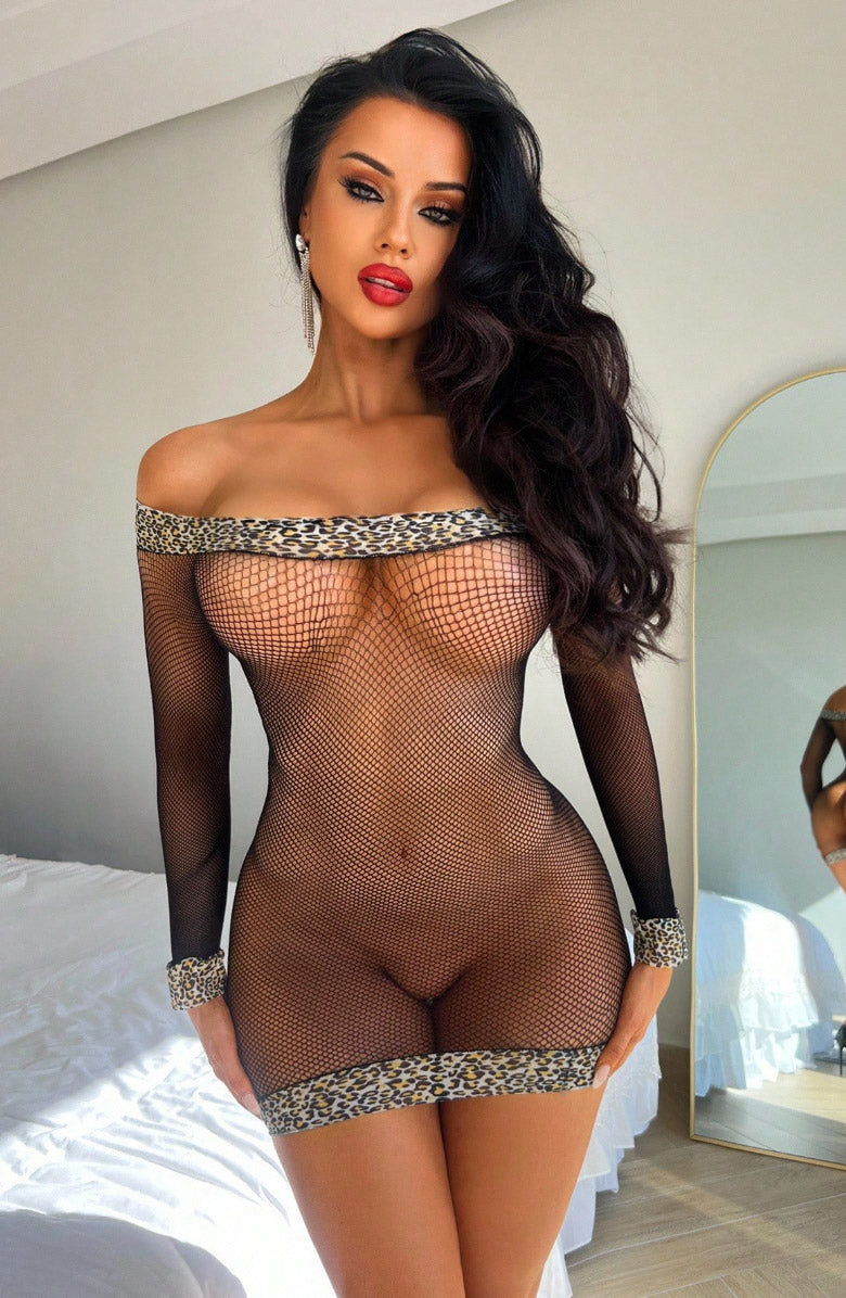 Sexy Fishnet Mini Dress OFF Shoulder - PureDiva
