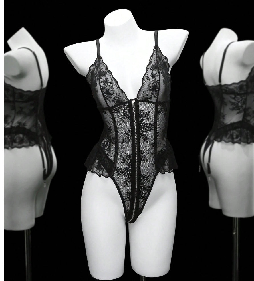 Black Lace Zipper Bodysuit