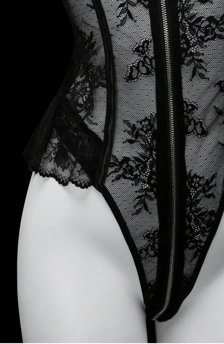 Black Lace Zipper Bodysuit