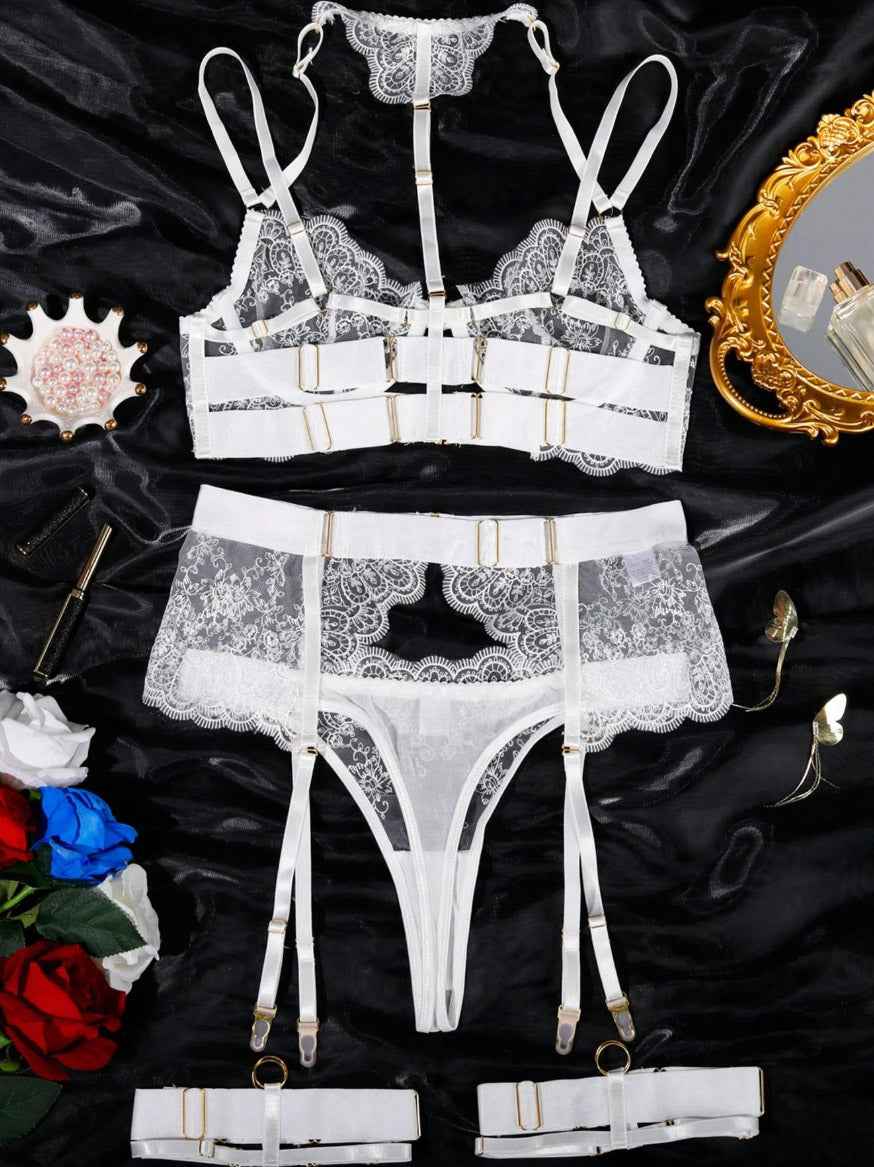White Lace Bra and Garter Set - Elegant White Love Tease Ensemble White Lace Bra and Garter Set - Elegant White Love Tease Ensemble
