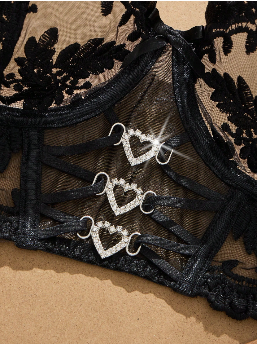 Black Floral Embroidered and Rhinestone Bra Set