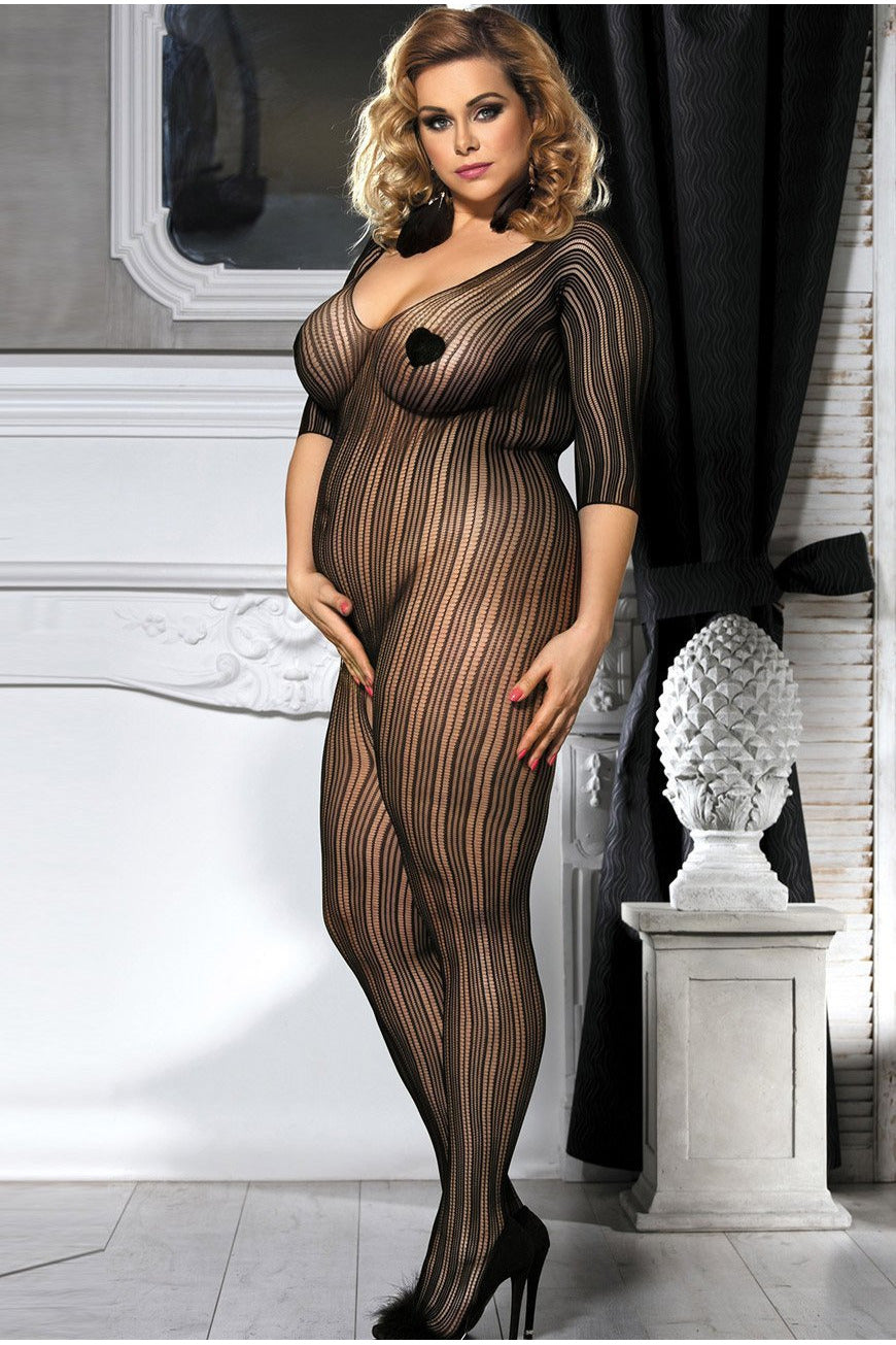 Black Striped Off Shoulder Bodystocking Plus size-Body stockings-PureDiva