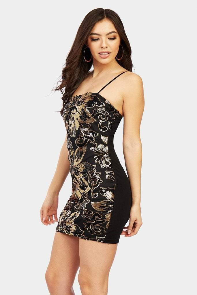 Black Sequin Strappy Mini Dress-Party Dresses-PureDiva