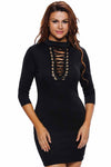 Black Lace-up V Neck Long Sleeve Bodycon Dress-PureDiva