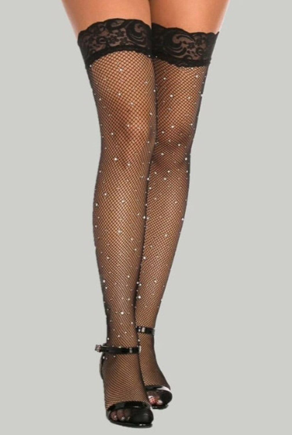 Black Rhinestone Crystals Stockings with Silicone Lace - PureDiva