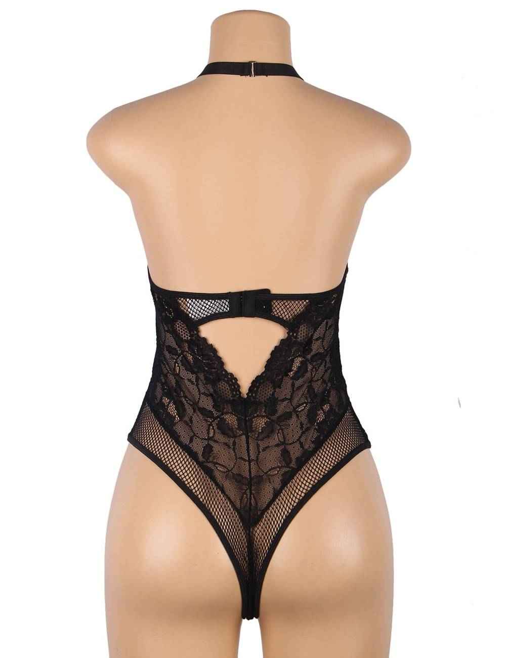 Black Sexy Floral Lace Backless Zipper Teddy