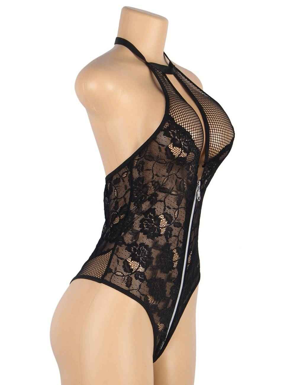 Black Sexy Floral Lace Backless Zipper Teddy