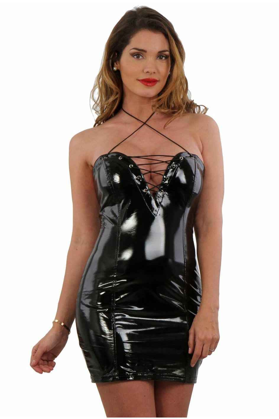 Black Sexy Lace up Vinyl Mini Dress