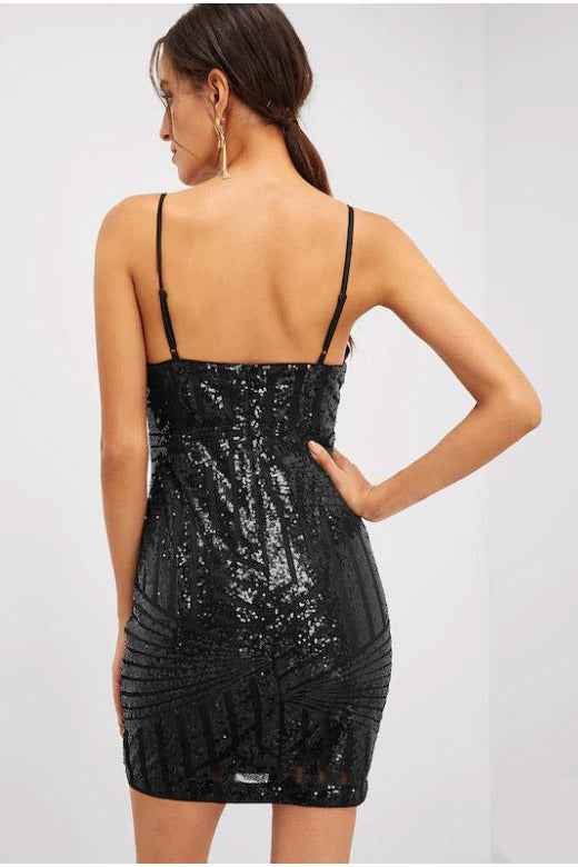 Black Strappy Sequin Bodycon Dress