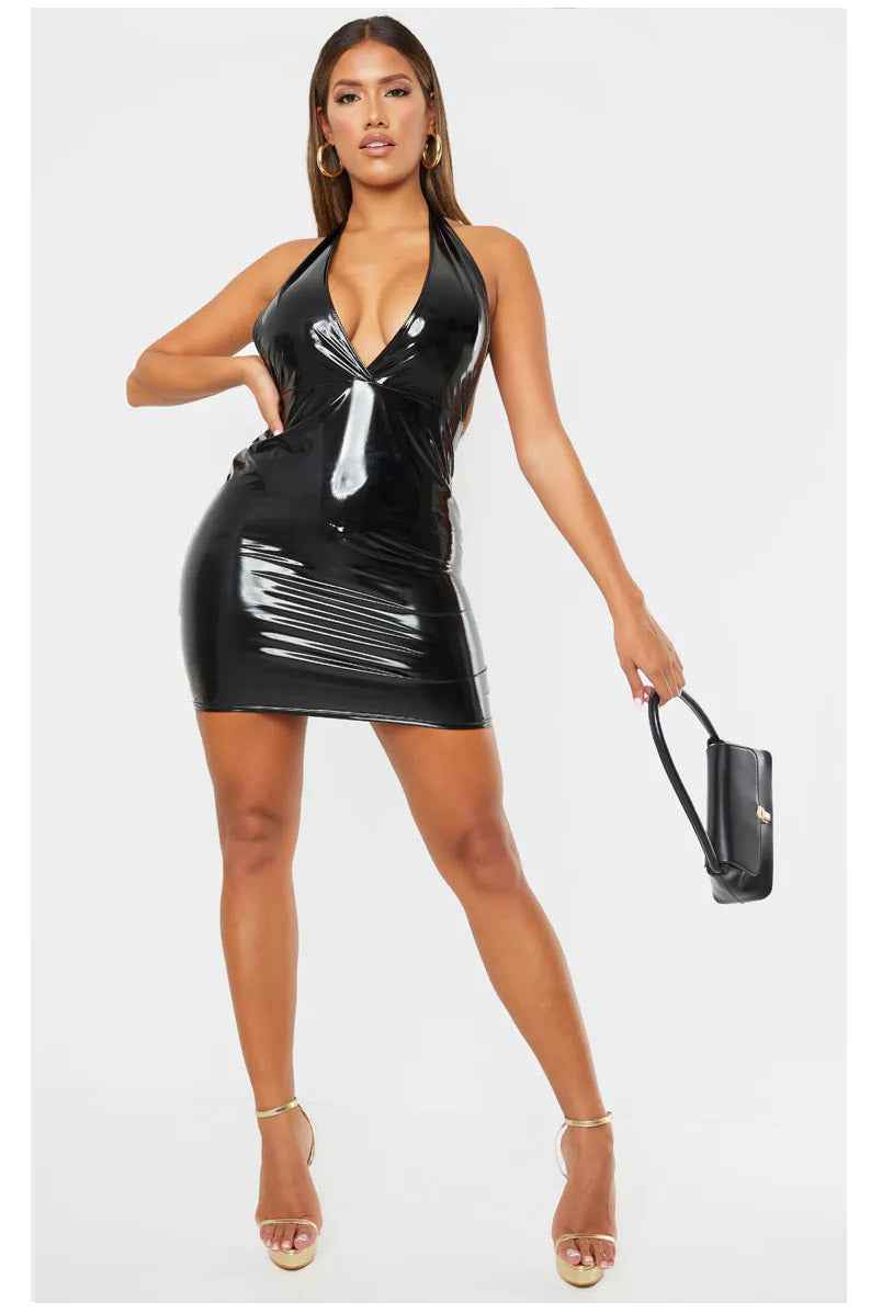 Black Vinyl Halterneck Sexy Dress