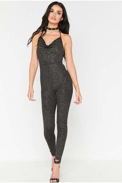 Black Glitter Halterneck Jumpsuit-Party Dresses-PureDiva