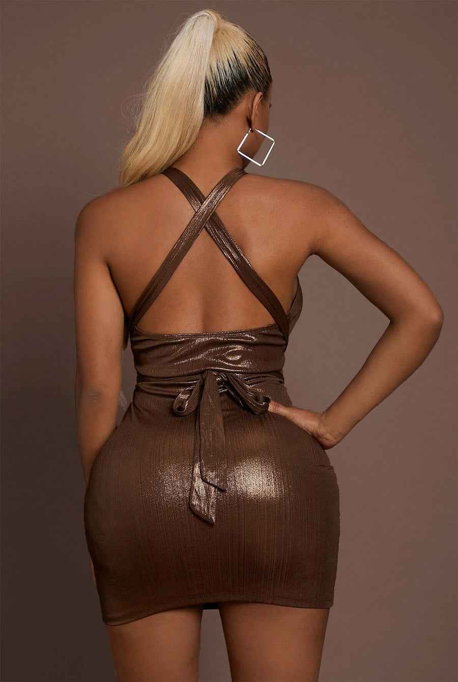 Gold Brown Metallic Wrap Cut out Sexy Dress