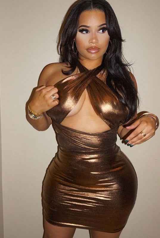 Gold Brown Metallic Wrap Cut out Sexy Dress