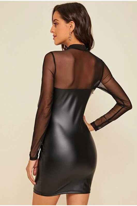 Buy High Neck Sheer Mesh Insert PU Dress | PureDiva