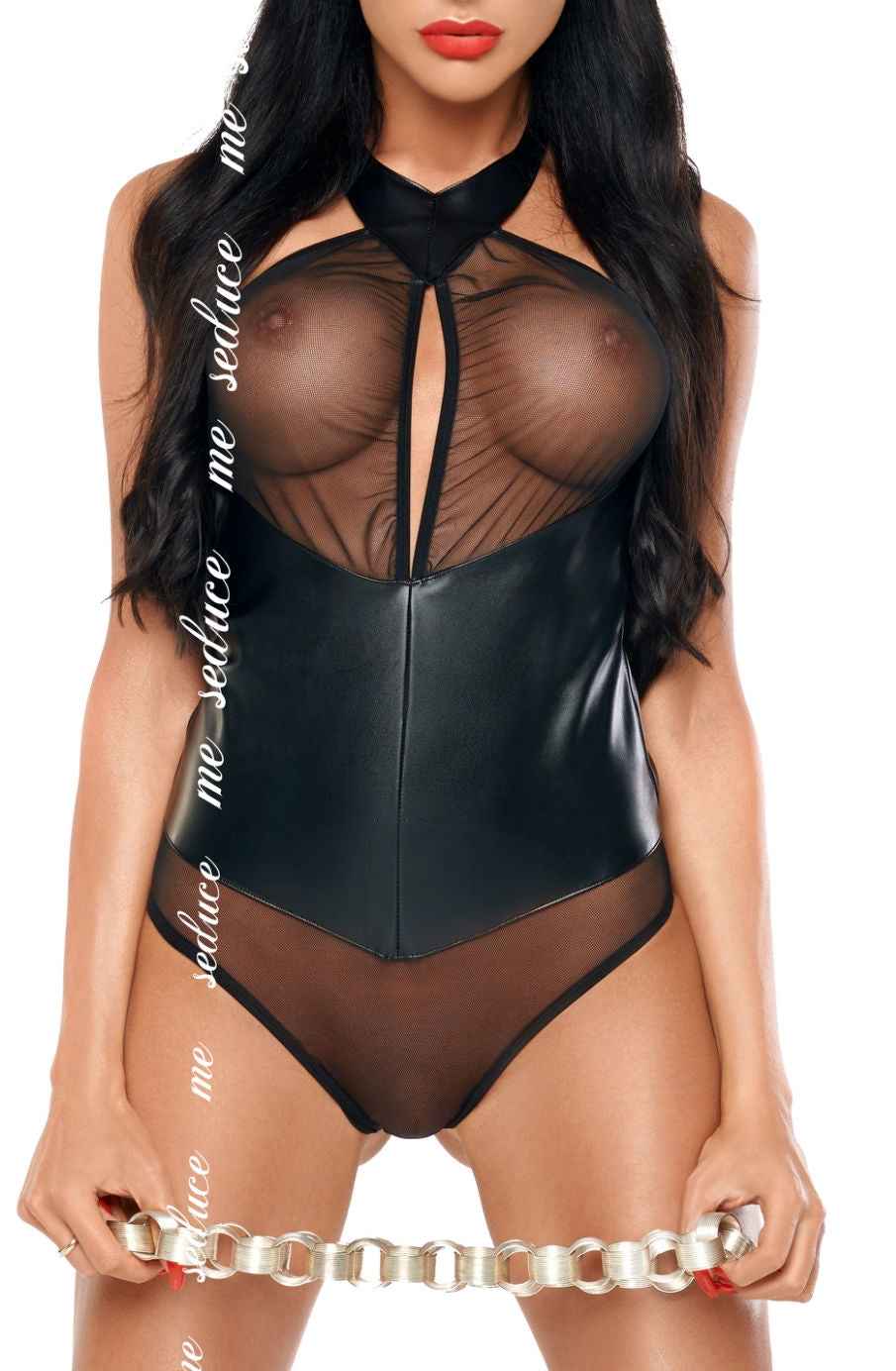Imane Black Mesh panels PVC Bodysuit