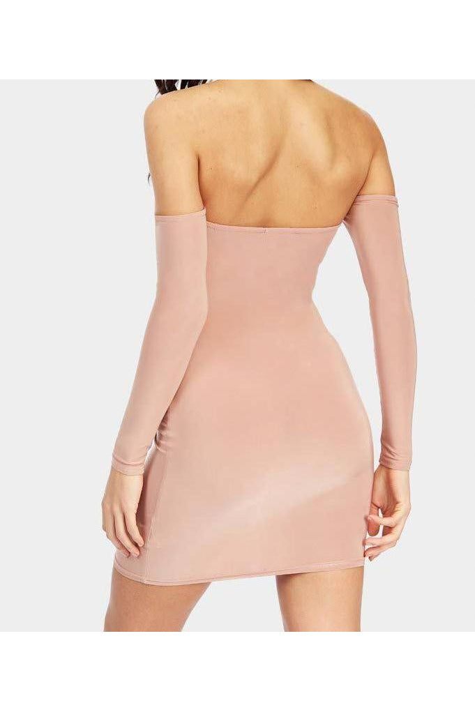 Nude off the shoulder bodycon dress-Party Dresses-PureDiva