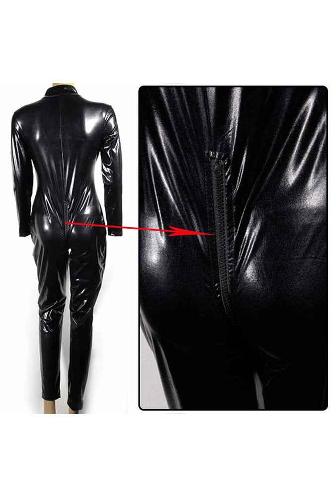 Open crotch 2-Way Zip Black Wetlook Catsuit