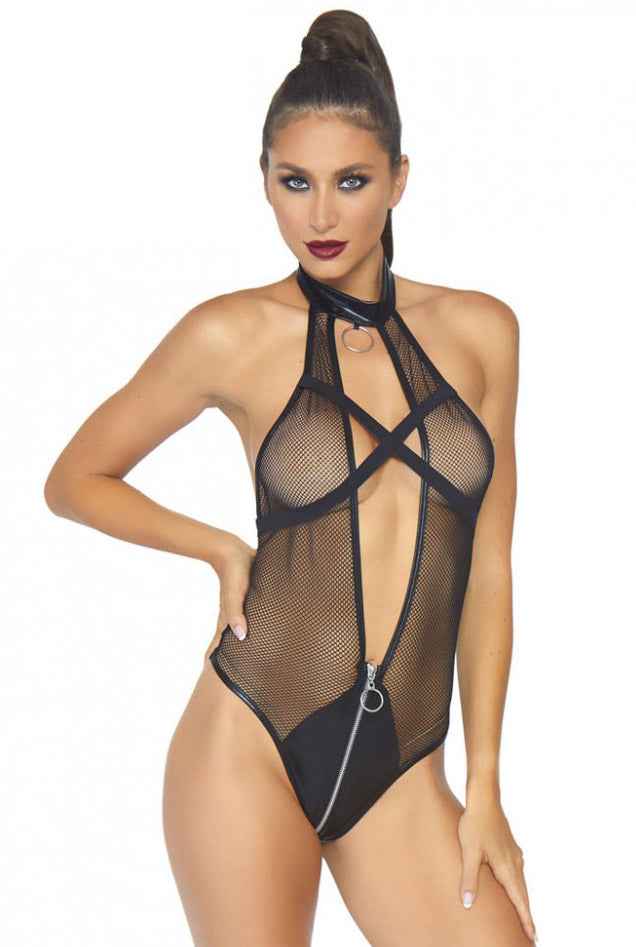 PU Black Open Back Halter Teddy