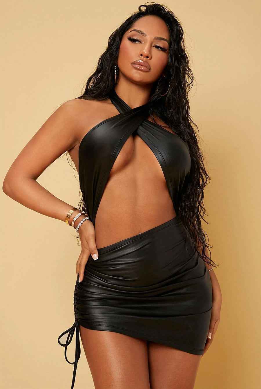 PU Sexy Wrap Details Ruched bodycon Dress