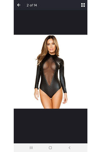 High Neck Black PVC Bodysuit-Clubwear-PureDiva