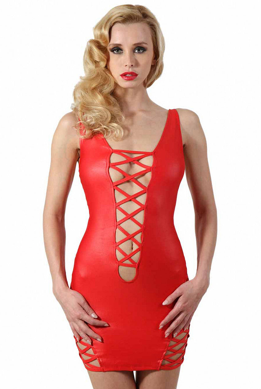 Sexy Red Wetlook Mini Dress-Clubwear-PureDiva