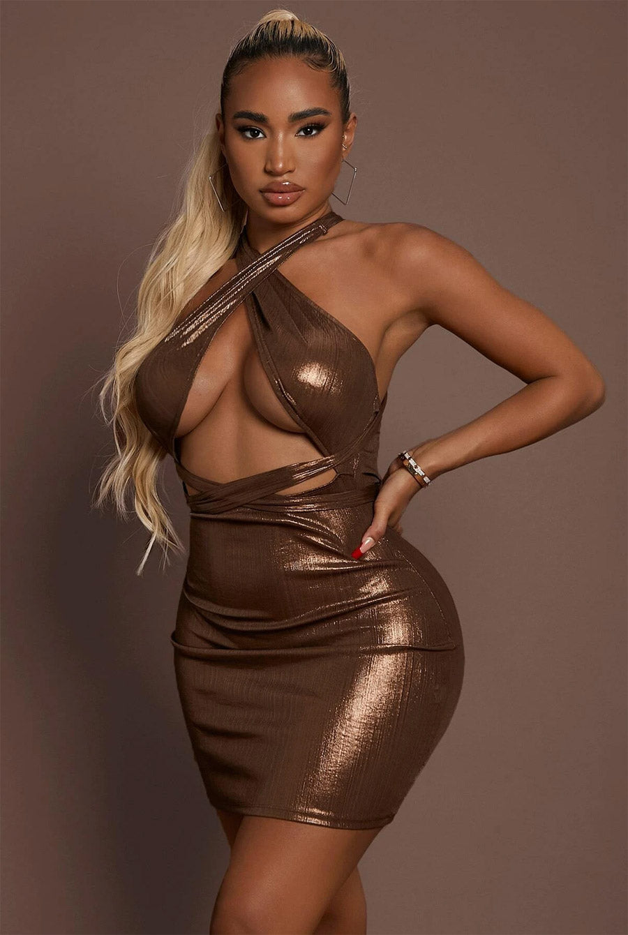 Gold Brown Metallic Wrap Cut out Sexy Dress-Party Dresses-PureDiva