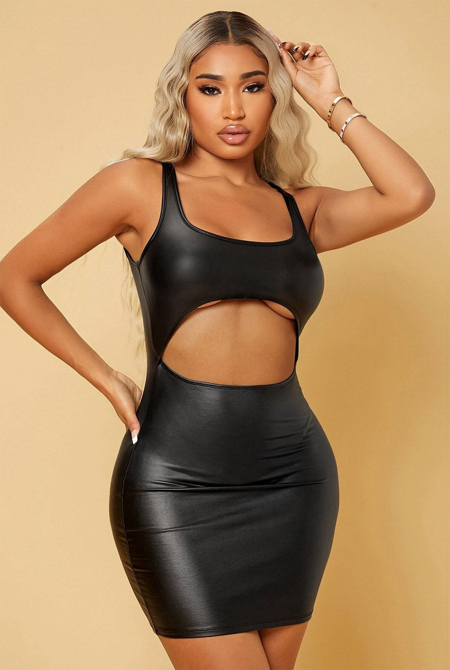Cut Out Bodycon PU Leather Dress-Party Dresses-PureDiva