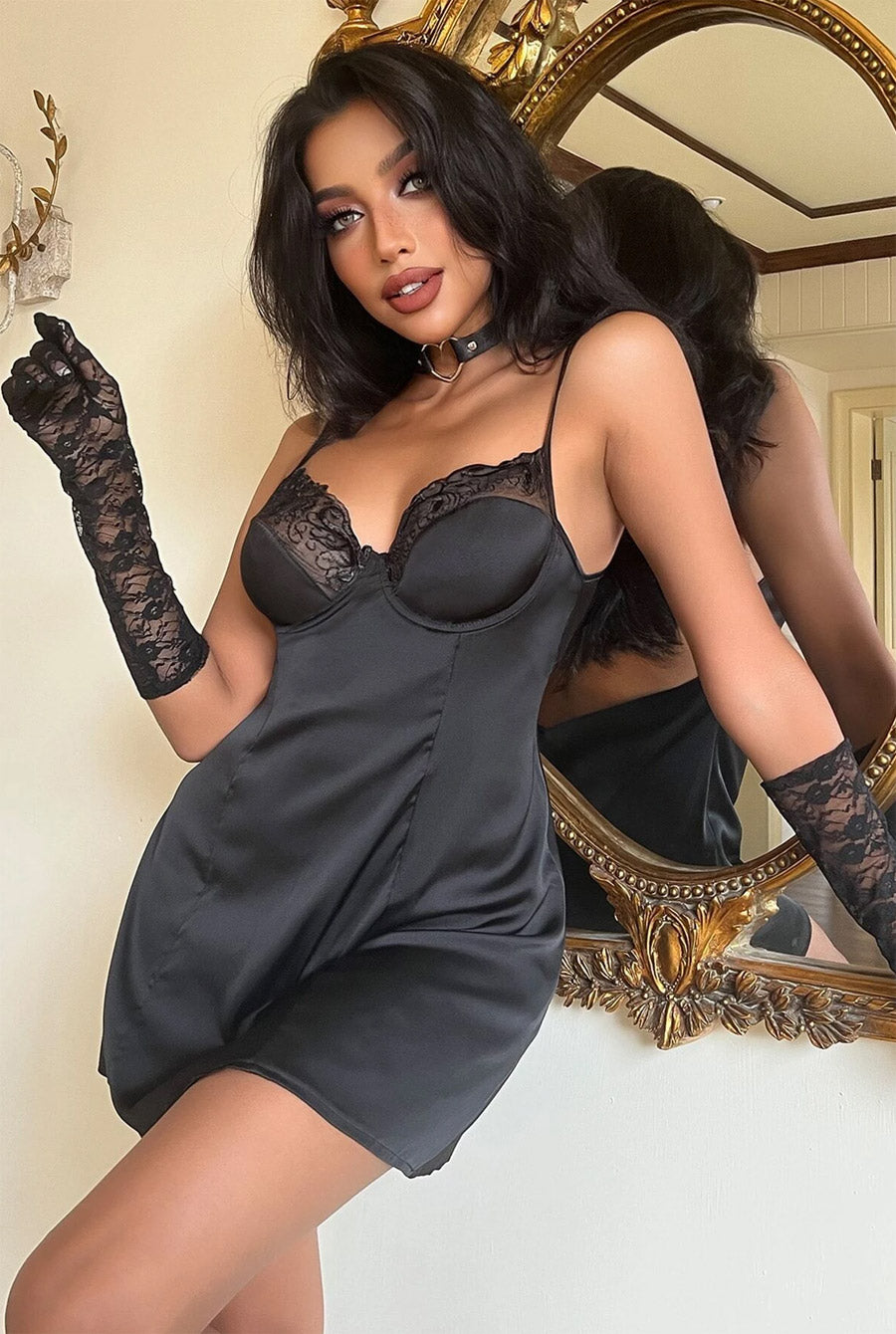 Elegant Satin Black Chemise-Babydoll-PureDiva