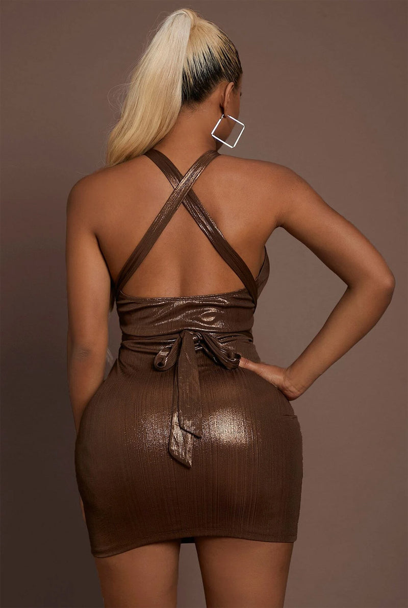 Gold Brown Metallic Wrap Cut out Sexy Dress-Party Dresses-PureDiva