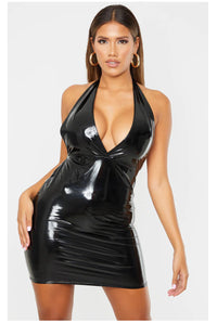 Black Vinyl Halterneck Sexy Dress-Party Dresses-PureDiva