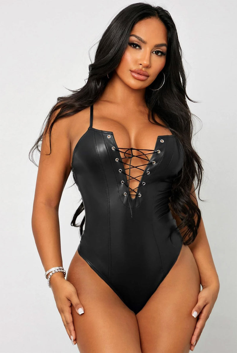 Sexy Lace UP PU Bodysuit Teddy-Teddy-PureDiva