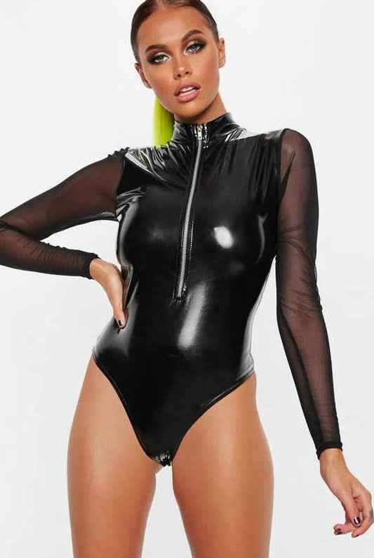 Zip front Wetlook PU Bodysuit Black - PureDiva