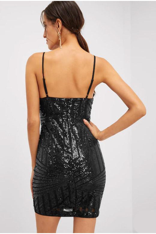 Black Strappy Sequin Bodycon Dress-Party Dresses-PureDiva