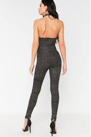 Black Glitter Halterneck Jumpsuit-Party Dresses-PureDiva