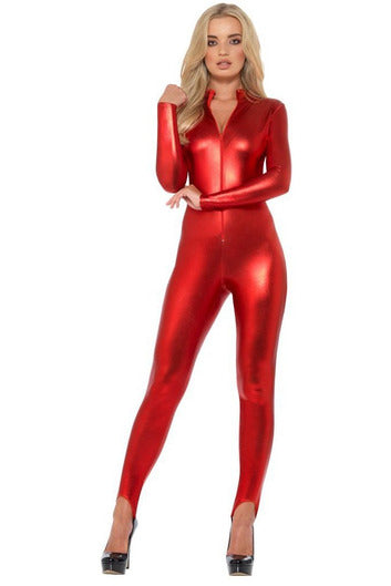 Metallic Red Zipfront Catsuit-Clubwear-PureDiva