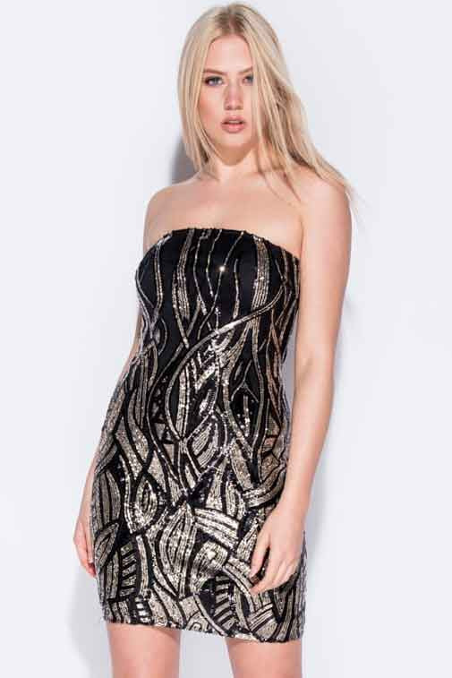 Gold Sequin Bandeau Mini Dress-Party Dresses-PureDiva