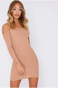 Nude off the shoulder bodycon dress-Party Dresses-PureDiva