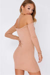 Nude off the shoulder bodycon dress-Party Dresses-PureDiva