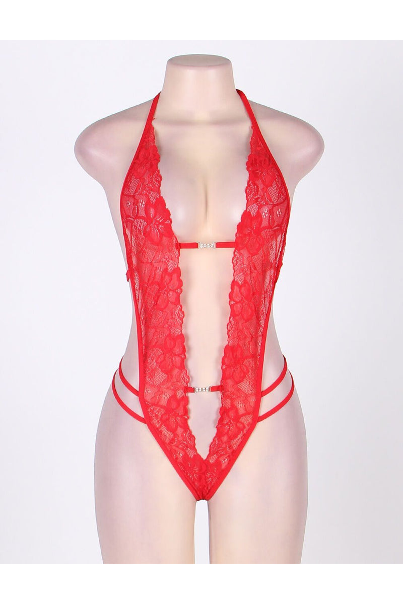 Red Embellished Crotchless Lace Teddy-Teddy-PureDiva