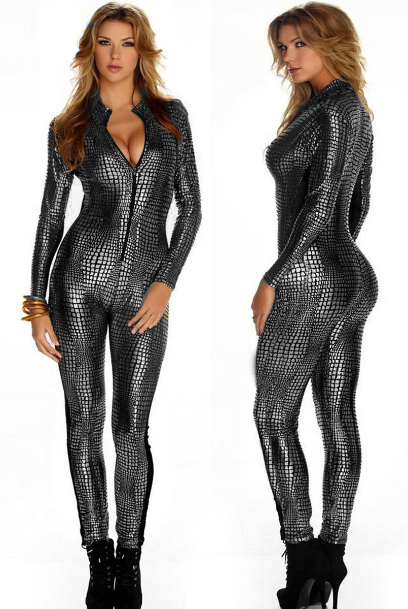 Black and Silver Reptile Jumpsuit-Wet Look & PVC-PureDiva